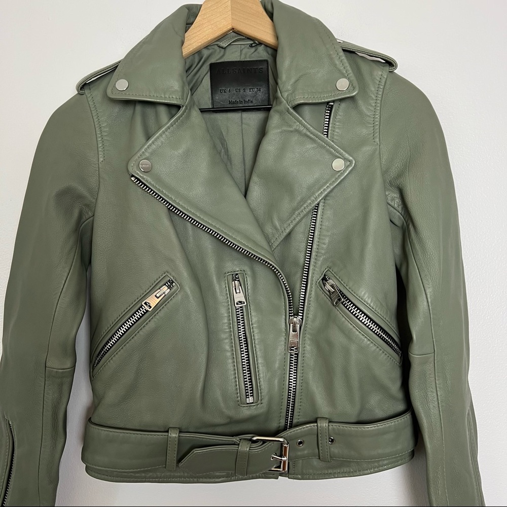 NEW ALL SAINTS Balfern Leather Biker Jacket In Sage Green, Size 2 - Picture 8 of 16
